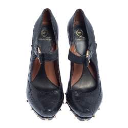 Pre Owned McQ By Alexander McQueen Black Leather Studded Wedge Pumps Size 38