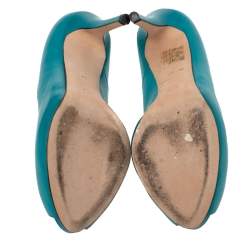 Pre Owned Alexander McQueen Blue Leather Crystal Embellished Skull Detail Peep Toe Platform Pumps Size 37