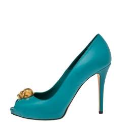 Pre Owned Alexander McQueen Blue Leather Crystal Embellished Skull Detail Peep Toe Platform Pumps Size 37