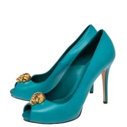 Pre Owned Alexander McQueen Blue Leather Crystal Embellished Skull Detail Peep Toe Platform Pumps Size 37