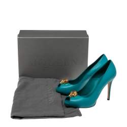 Pre Owned Alexander McQueen Blue Leather Crystal Embellished Skull Detail Peep Toe Platform Pumps Size 37