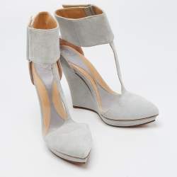 Pre Owned McQ by Alexander McQueen Light Grey Suede Ankle Cuff Wedge Pumps Size 39