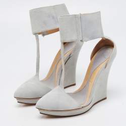 Pre Owned McQ by Alexander McQueen Light Grey Suede Ankle Cuff Wedge Pumps Size 39