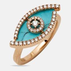 Pre Owned Messika Lucky Eye Diamonds Turquoise 18k Rose Gold Ring Size 50