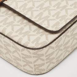 Pre Owned Michael Kors White/Brown Signature Coated Canvas and Leather Greenwhich East West Crossbody Bag