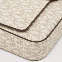 Pre Owned Michael Kors White/Brown Signature Coated Canvas and Leather Greenwhich East West Crossbody Bag