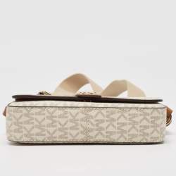 Pre Owned Michael Kors White/Brown Signature Coated Canvas and Leather Greenwhich East West Crossbody Bag