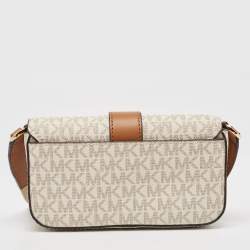 Pre Owned Michael Kors White/Brown Signature Coated Canvas and Leather Greenwhich East West Crossbody Bag