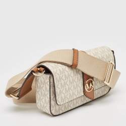 Pre Owned Michael Kors White/Brown Signature Coated Canvas and Leather Greenwhich East West Crossbody Bag
