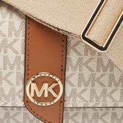 Pre Owned Michael Kors White/Brown Signature Coated Canvas and Leather Greenwhich East West Crossbody Bag