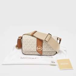 Pre Owned Michael Kors White/Brown Signature Coated Canvas and Leather Greenwhich East West Crossbody Bag