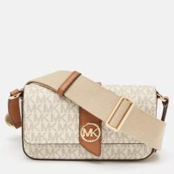 Pre Owned Michael Kors White/Brown Signature Coated Canvas and Leather Greenwhich East West Crossbody Bag