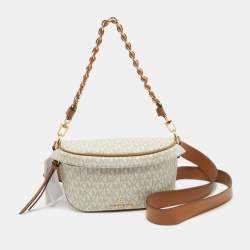 Michael Kors Brown/Off White Signature Coated Canvas and Leather Extra Small Slater Sling Bag