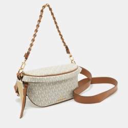 Michael Kors Brown/Off White Signature Coated Canvas and Leather Extra Small Slater Sling Bag
