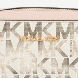 Pre Owned Michael Kors Pink/Beige Signature Coated Canvas and Leather Jet Set Crossbody Bag