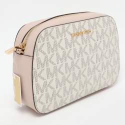 Pre Owned Michael Kors Pink/Beige Signature Coated Canvas and Leather Jet Set Crossbody Bag