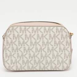 Pre Owned Michael Kors Pink/Beige Signature Coated Canvas and Leather Jet Set Crossbody Bag