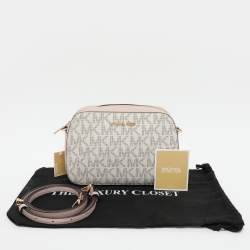 Pre Owned Michael Kors Pink/Beige Signature Coated Canvas and Leather Jet Set Crossbody Bag