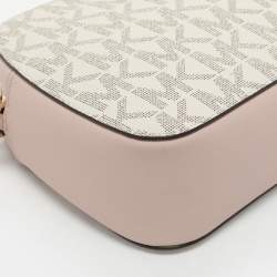 Pre Owned Michael Kors Pink/Beige Signature Coated Canvas and Leather Jet Set Crossbody Bag