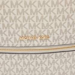 Michael Kors White/Brown Signature Coated Canvas and Leather Large Rhea Backpack