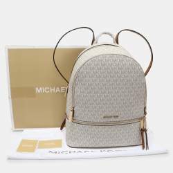 Michael Kors White/Brown Signature Coated Canvas and Leather Large Rhea Backpack