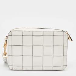 Pre Owned Michael Kors White Leather Medium Woven Jet Set Crossbody Bag
