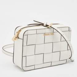 Pre Owned Michael Kors White Leather Medium Woven Jet Set Crossbody Bag