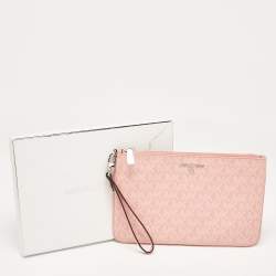 Pre Owned Michael Kors Pink Signature Coated Canvas and Leather Wristlet Pouch