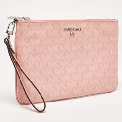 Pre Owned Michael Kors Pink Signature Coated Canvas and Leather Wristlet Pouch