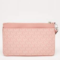 Pre Owned Michael Kors Pink Signature Coated Canvas and Leather Wristlet Pouch