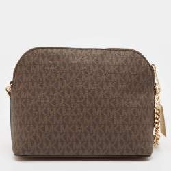 Pre Owned Michael Kors Brown Signature Coated Canvas Medium Jet Set Travel Dome Crossbody Bag