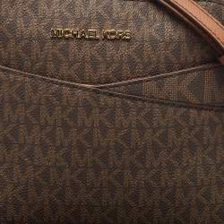 Pre Owned Michael Kors Brown Signature Coated Canvas Medium Jet Set Travel Dome Crossbody Bag