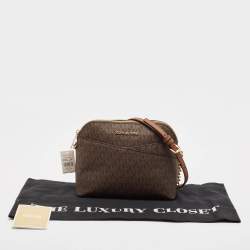 Pre Owned Michael Kors Brown Signature Coated Canvas Medium Jet Set Travel Dome Crossbody Bag