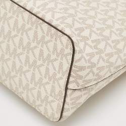 Pre Owned Michael Kors White/Brown Signature Coated Canvas and Leather Jet Set Travel Crossbody Bag