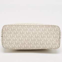 Pre Owned Michael Kors White/Brown Signature Coated Canvas and Leather Jet Set Travel Crossbody Bag