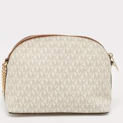 Pre Owned Michael Kors White/Brown Signature Coated Canvas and Leather Jet Set Travel Crossbody Bag
