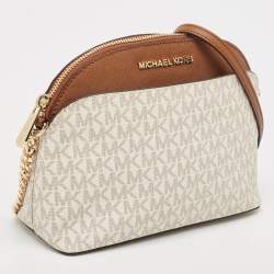 Pre Owned Michael Kors White/Brown Signature Coated Canvas and Leather Jet Set Travel Crossbody Bag