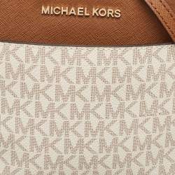 Pre Owned Michael Kors White/Brown Signature Coated Canvas and Leather Jet Set Travel Crossbody Bag