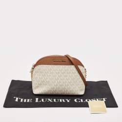 Pre Owned Michael Kors White/Brown Signature Coated Canvas and Leather Jet Set Travel Crossbody Bag