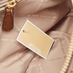 Pre Owned Michael Kors White/Brown Signature Coated Canvas and Leather Jet Set Travel Crossbody Bag