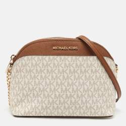 Pre Owned Michael Kors White/Brown Signature Coated Canvas and Leather Jet Set Travel Crossbody Bag