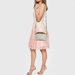 Pre Owned Michael Kors White/Brown Signature Coated Canvas and Leather Jet Set Travel Crossbody Bag