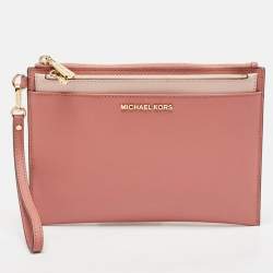 Pre Owned Michael Kors Pink Leather Jet Set Travel Wristlet Clutch