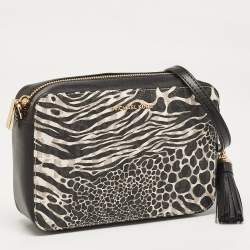 Pre Owned Michael Kors Black/White Printed Faux Leather Ginny Camera Crossbody Bag