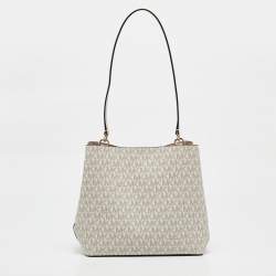 Pre Owned Michael Kors Off Signature White Coated Canvas and Leather Medium Pratt Bucket Bag