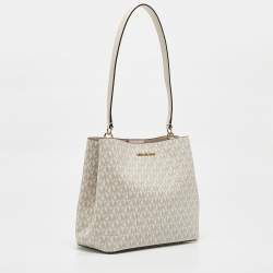 Pre Owned Michael Kors Off Signature White Coated Canvas and Leather Medium Pratt Bucket Bag