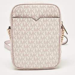 Michael Kors Pink/White Signature Coated Canvas Medium Jet Set Crossbody Bag