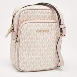 Michael Kors Pink/White Signature Coated Canvas Medium Jet Set Crossbody Bag