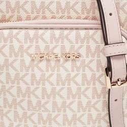Michael Kors Pink/White Signature Coated Canvas Medium Jet Set Crossbody Bag