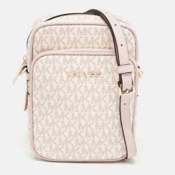 Michael Kors Pink/White Signature Coated Canvas Medium Jet Set Crossbody Bag